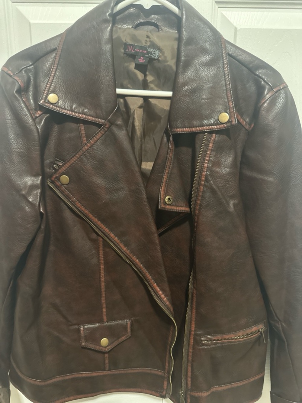 JM Collection Dark Brown Leather Moto Jacket with Brass Accents